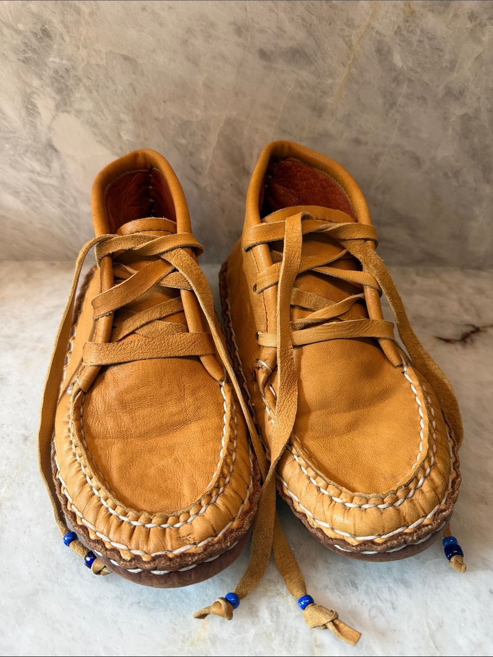 Leather Tan Moccasins, W 7.5 size, gorgeous, soft, hand crafted. M 5.5.